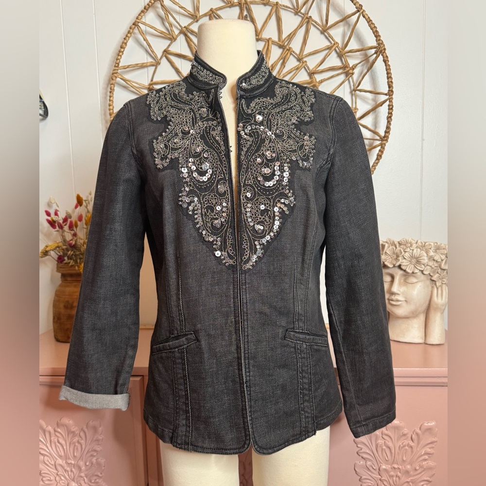 Chico's Black Embellished Jean‎ jacket- Blazer Size 1 (M)
